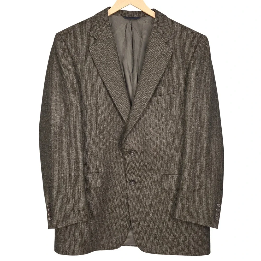 Burberry London Sport Coat Mens 44L Olive Brown Herringbone 100% Wool Blazer
